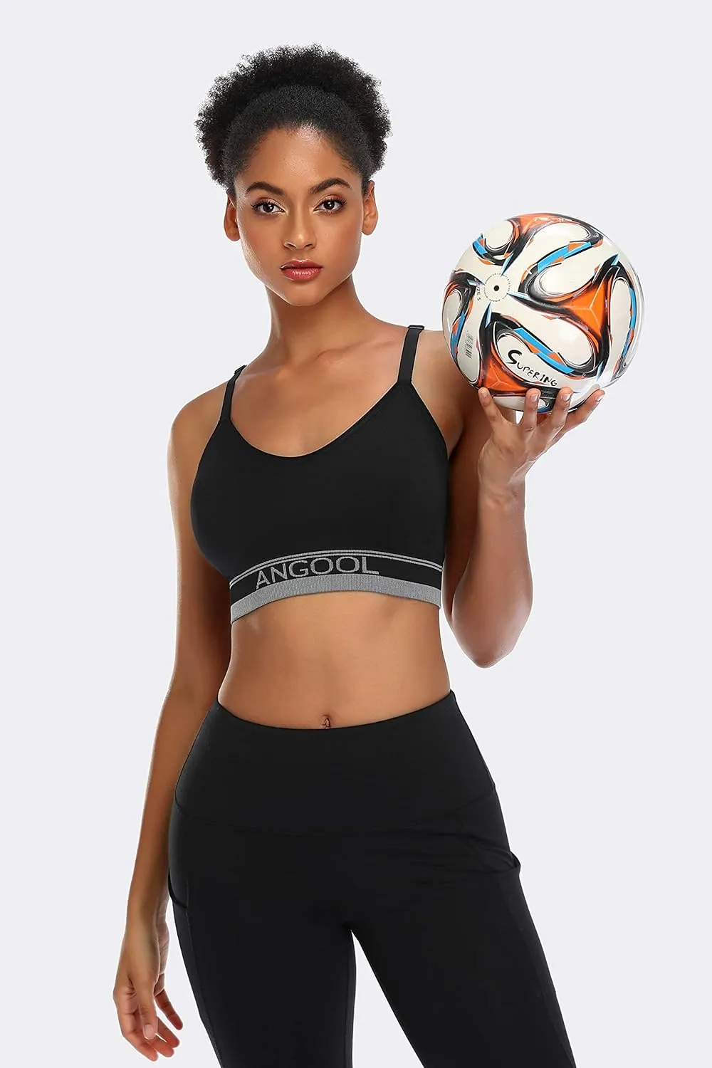 ANGOOL Strappy Sports Bra for Women, Longline Medium Support Yoga Bra Wirefree Padded Sports Bra with Adjustable Straps