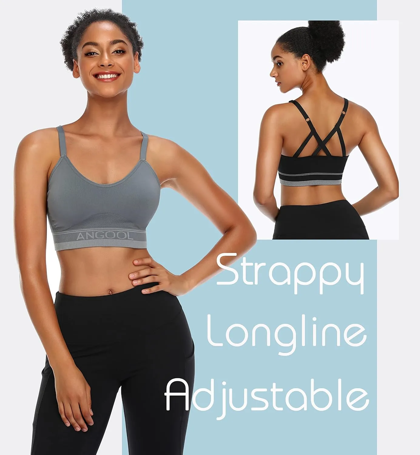 ANGOOL Strappy Sports Bra for Women, Longline Medium Support Yoga Bra Wirefree Padded Sports Bra with Adjustable Straps