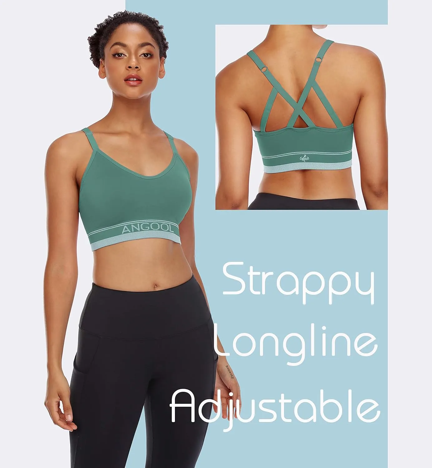 ANGOOL Strappy Sports Bra for Women, Longline Medium Support Yoga Bra Wirefree Padded Sports Bra with Adjustable Straps