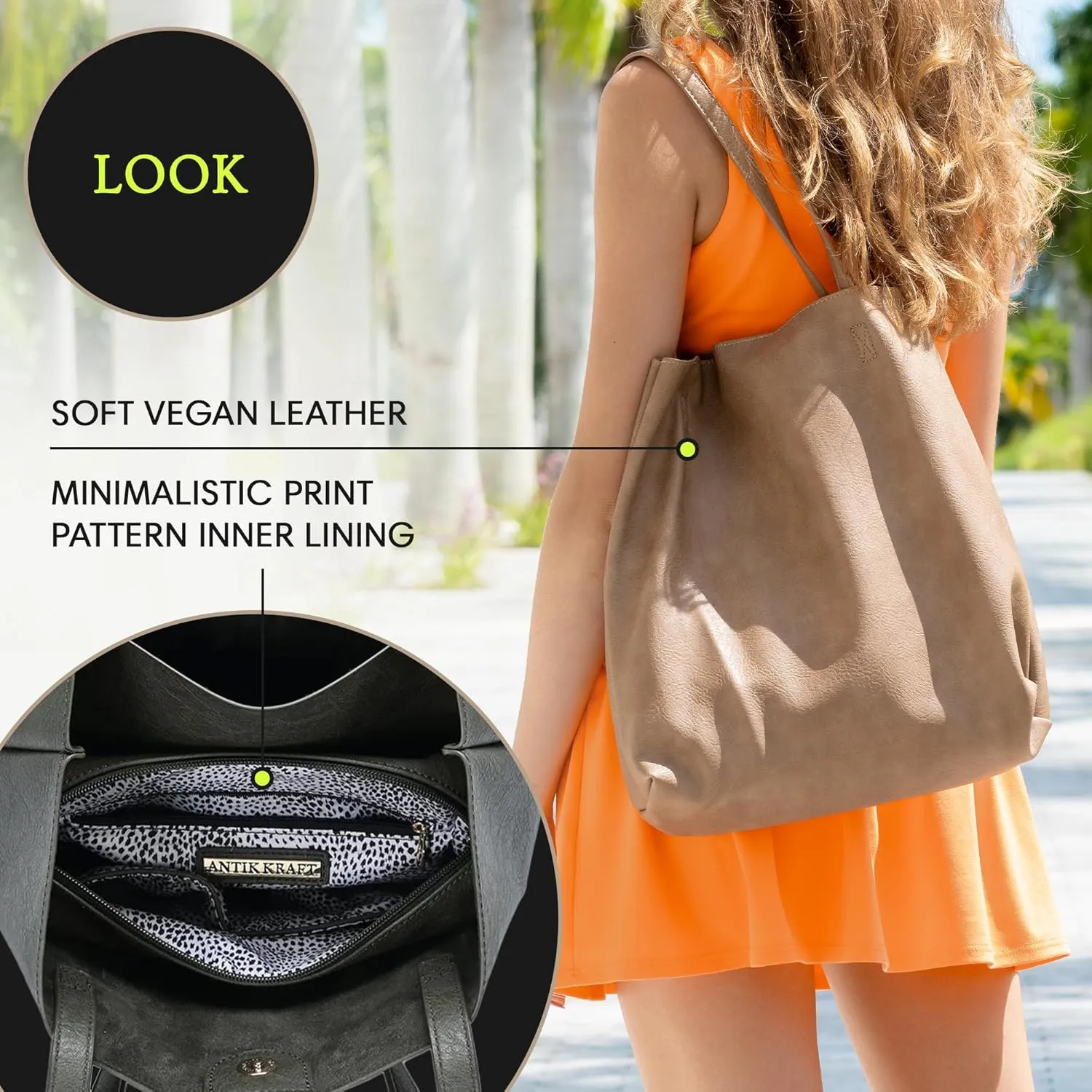 Antik Kraft Olivia Tote | Vegan Leather Tote Bag for Women, Top-Handle Shoulder Bag | 14.5L x 4.5W x 14.5H