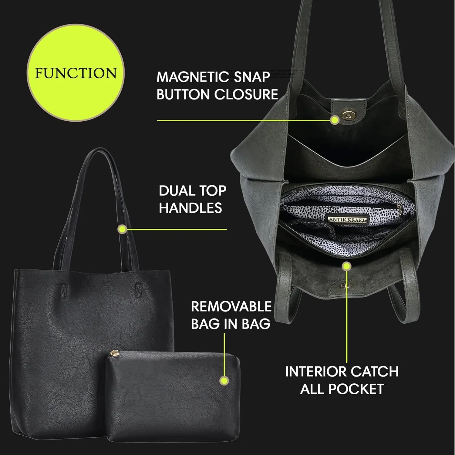 Antik Kraft Olivia Tote | Vegan Leather Tote Bag for Women, Top-Handle Shoulder Bag | 14.5L x 4.5W x 14.5H