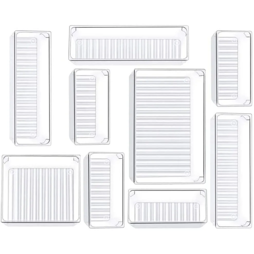 ANTOLE Desk Drawer Organizers, 9 Pcs Clear Plastic Drawer Organizer Set,4-Size Versatile Bathroom and Vanity Drawer Organizer Trays, Storage Bins for Makeup, Jewelries, Kitchen Utensils and Office