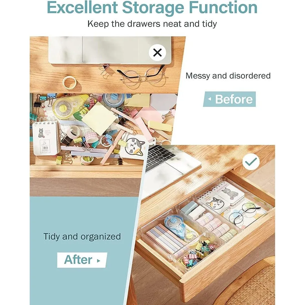 ANTOLE Desk Drawer Organizers, 9 Pcs Clear Plastic Drawer Organizer Set,4-Size Versatile Bathroom and Vanity Drawer Organizer Trays, Storage Bins for Makeup, Jewelries, Kitchen Utensils and Office
