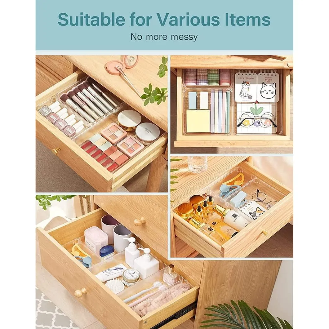 ANTOLE Desk Drawer Organizers, 9 Pcs Clear Plastic Drawer Organizer Set,4-Size Versatile Bathroom and Vanity Drawer Organizer Trays, Storage Bins for Makeup, Jewelries, Kitchen Utensils and Office