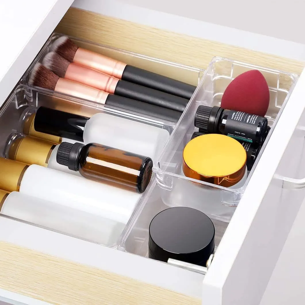 ANTOLE Desk Drawer Organizers, 9 Pcs Clear Plastic Drawer Organizer Set,4-Size Versatile Bathroom and Vanity Drawer Organizer Trays, Storage Bins for Makeup, Jewelries, Kitchen Utensils and Office