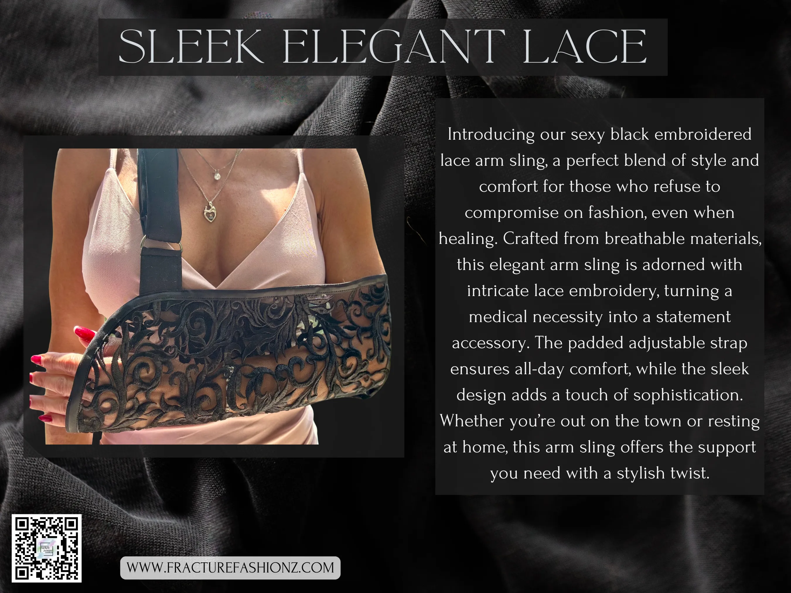 Arm Sling | Sleek Elegant Black Lace Arm Sling - Designer Embroidered Black Lace