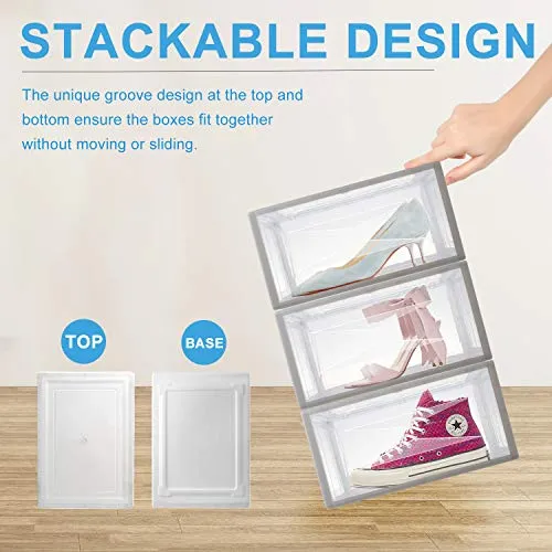 ASKITO Drop-front Shoe Box, Large Shoe Containers Display Case with Magnet Door, Clear Plastic Shoe Organizer Stackable, 3 Pack, 14.17 x 10.23 x 7.28 Inches
