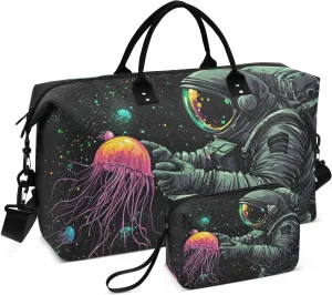 Astronaut Jellyfish Black Large Travel Duffel Bag, Sports Tote Gym Bags, Shoulder Weekender Overnight Bags for Women Men