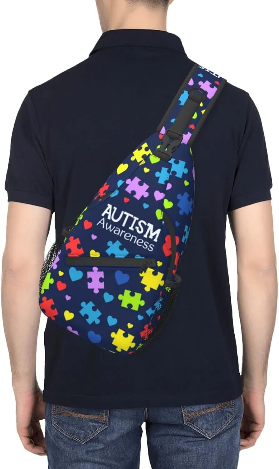 Autism Pattern Sling Backpack Travel Hiking Daypack Autism Awareness Crossbody Shoulder Bag For Women Men