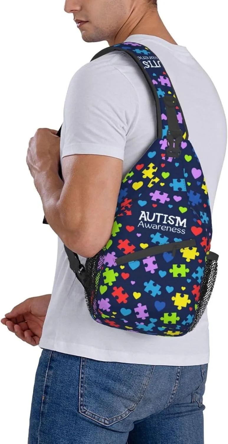 Autism Pattern Sling Backpack Travel Hiking Daypack Autism Awareness Crossbody Shoulder Bag For Women Men
