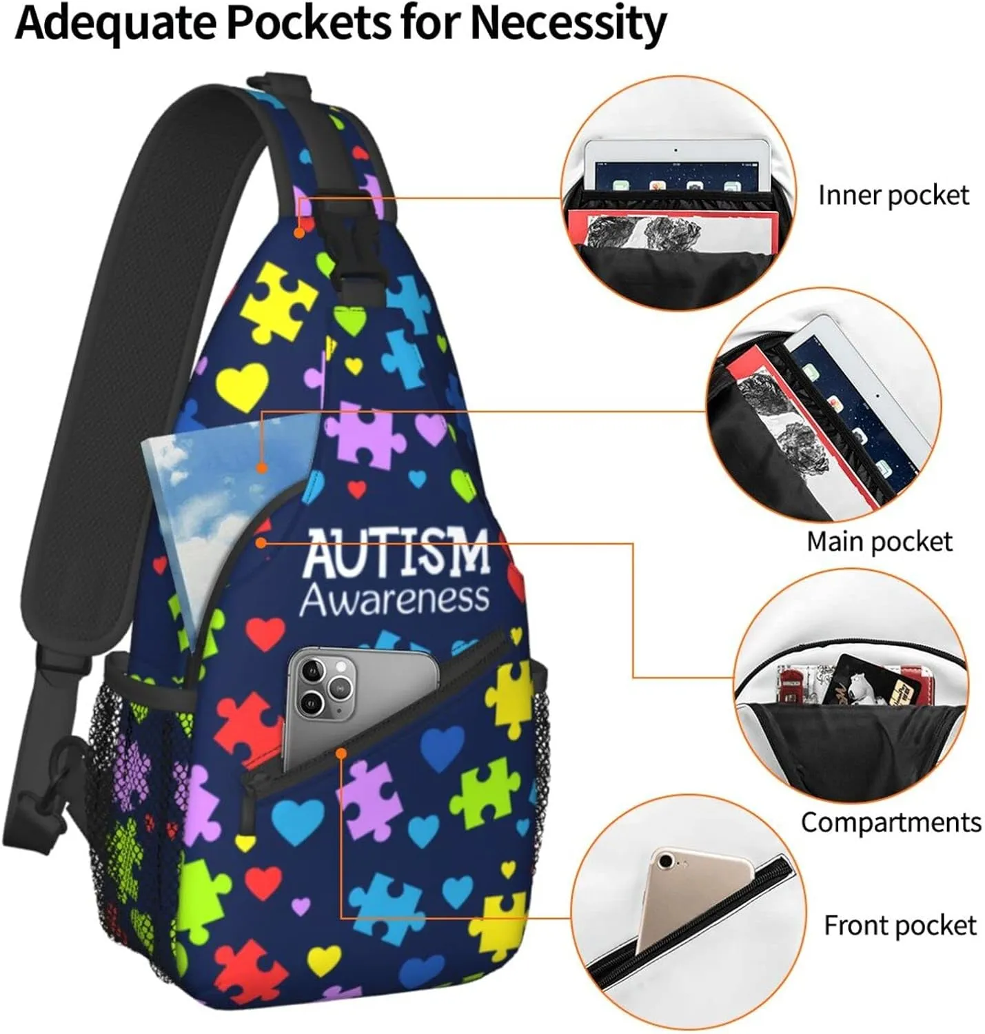 Autism Pattern Sling Backpack Travel Hiking Daypack Autism Awareness Crossbody Shoulder Bag For Women Men
