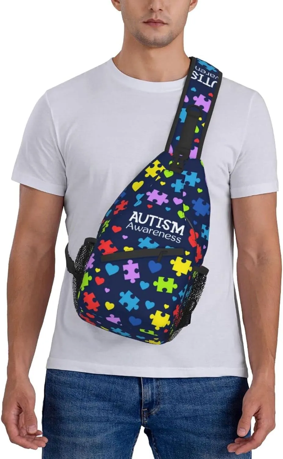 Autism Pattern Sling Backpack Travel Hiking Daypack Autism Awareness Crossbody Shoulder Bag For Women Men