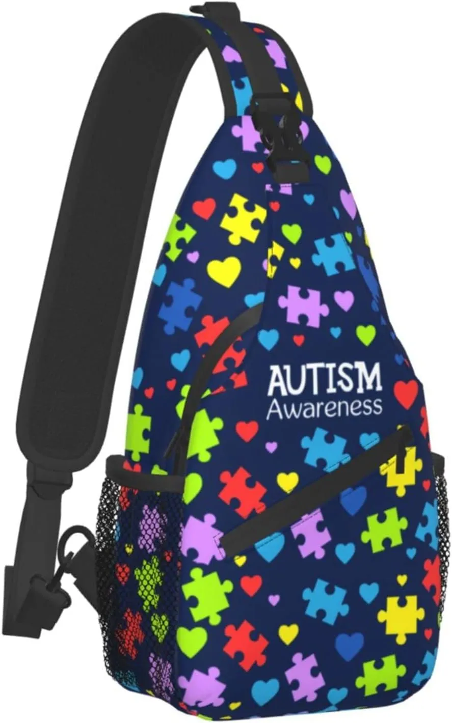 Autism Pattern Sling Backpack Travel Hiking Daypack Autism Awareness Crossbody Shoulder Bag For Women Men