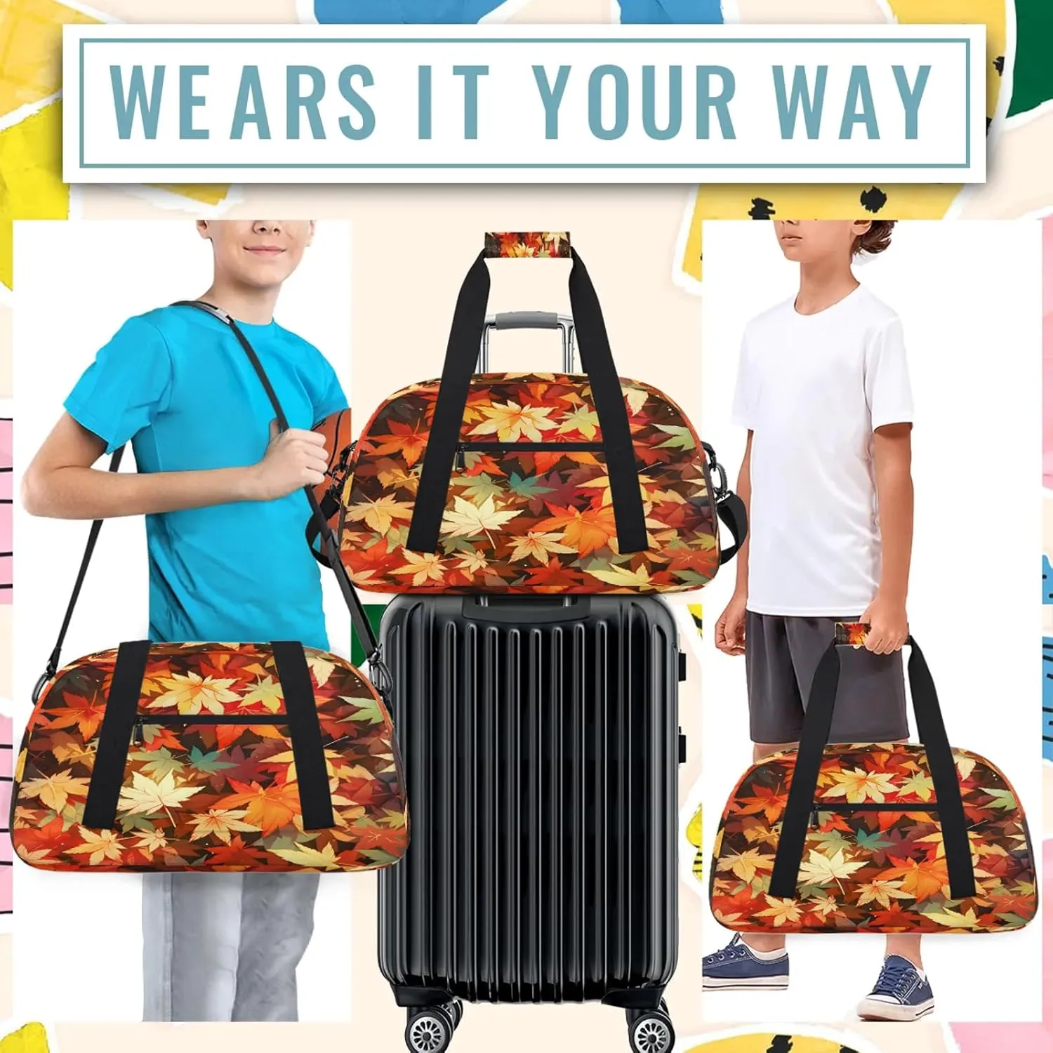 Autumn Fall Leaf Maple Leaves Small Gym Bag 18 inch Carry On Duffel Bag for Weekender Travel Sports Workout Yoga Gymnastics Dance Ballet
