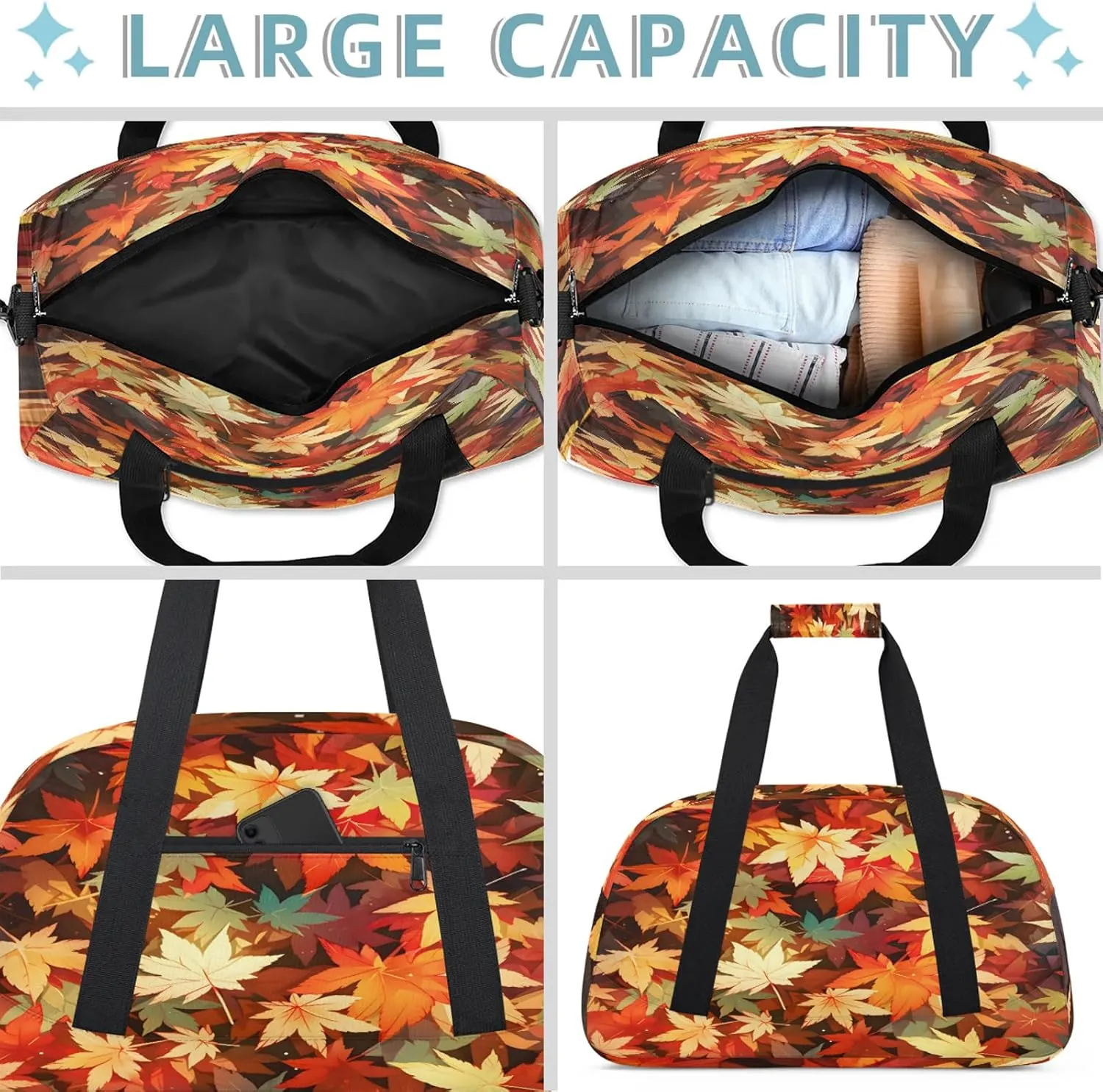 Autumn Fall Leaf Maple Leaves Small Gym Bag 18 inch Carry On Duffel Bag for Weekender Travel Sports Workout Yoga Gymnastics Dance Ballet