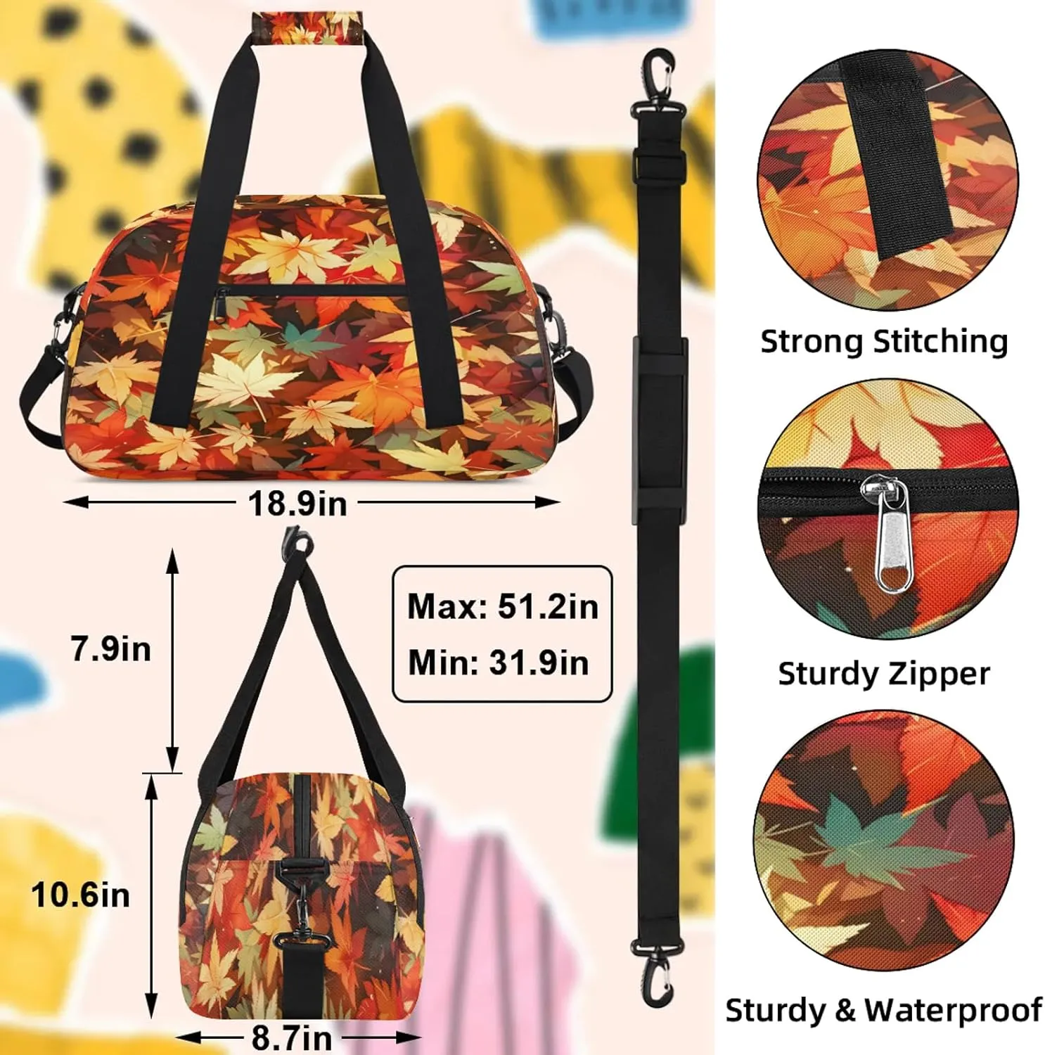 Autumn Fall Leaf Maple Leaves Small Gym Bag 18 inch Carry On Duffel Bag for Weekender Travel Sports Workout Yoga Gymnastics Dance Ballet