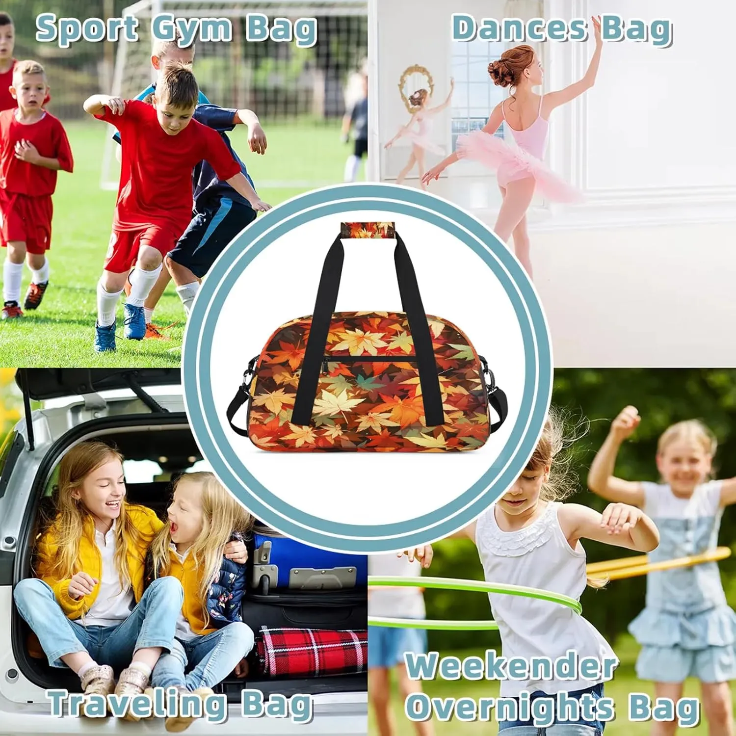 Autumn Fall Leaf Maple Leaves Small Gym Bag 18 inch Carry On Duffel Bag for Weekender Travel Sports Workout Yoga Gymnastics Dance Ballet