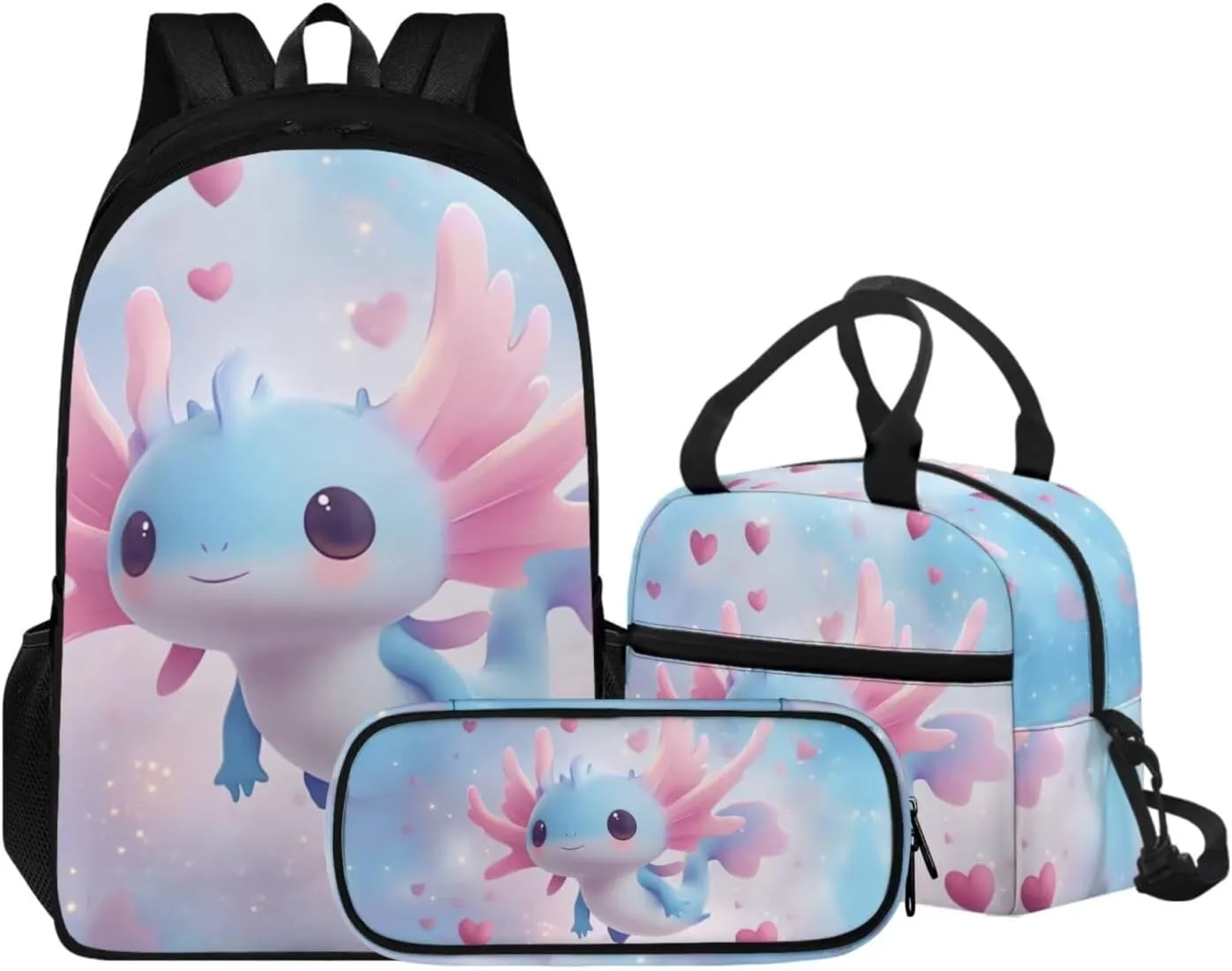 Axolotl Backpack 17 Inch Girls Bookbag with Lunch Bag 5th Grade School Bag Lightweight 3 Piece Set for Elementary Girls Ages 10-11 Kawaii Back Pack
