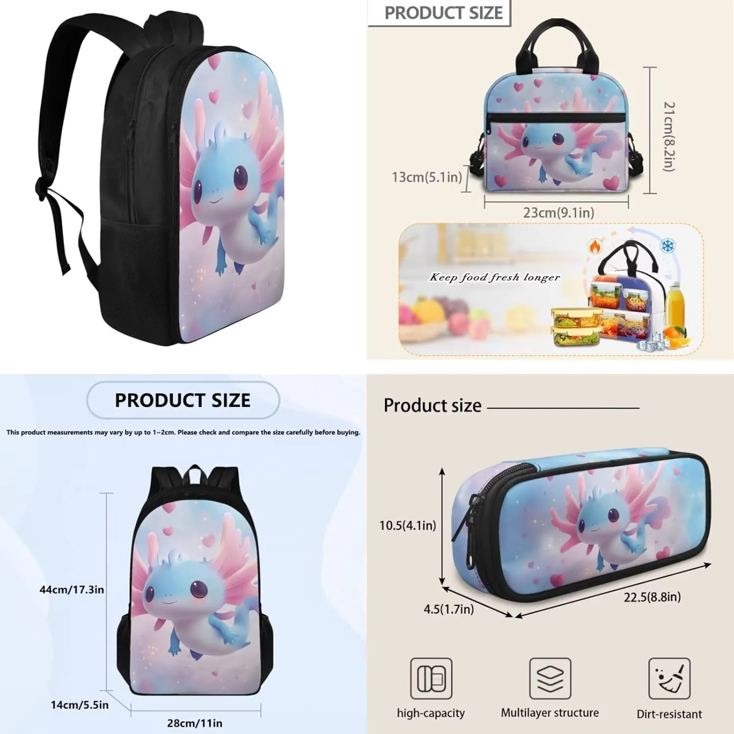 Axolotl Backpack 17 Inch Girls Bookbag with Lunch Bag 5th Grade School Bag Lightweight 3 Piece Set for Elementary Girls Ages 10-11 Kawaii Back Pack