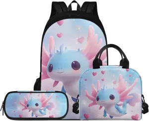 Axolotl Backpack 17 Inch Girls Bookbag with Lunch Bag 5th Grade School Bag Lightweight 3 Piece Set for Elementary Girls Ages 10-11 Kawaii Back Pack