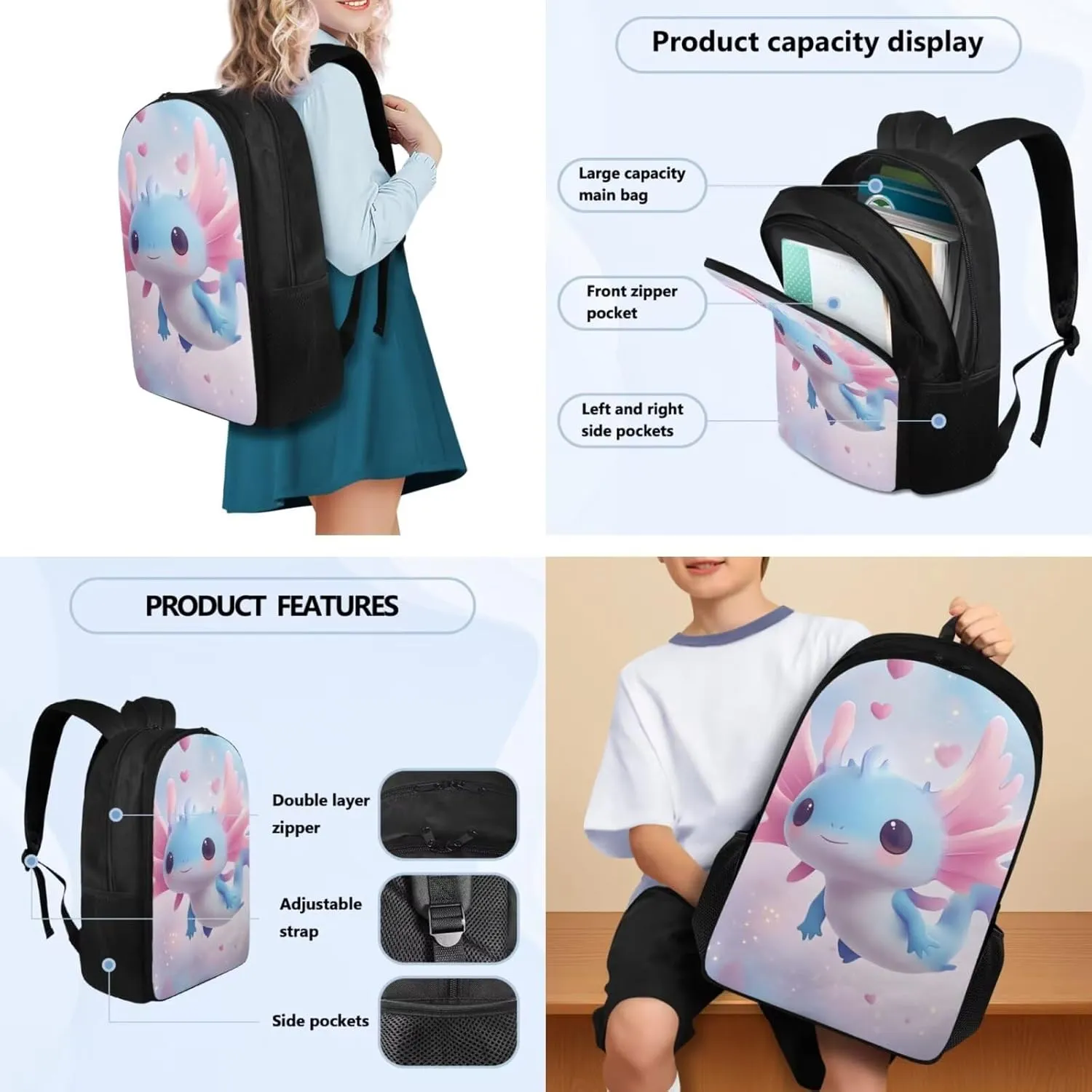 Axolotl Backpack 17 Inch Girls Bookbag with Lunch Bag 5th Grade School Bag Lightweight 3 Piece Set for Elementary Girls Ages 10-11 Kawaii Back Pack