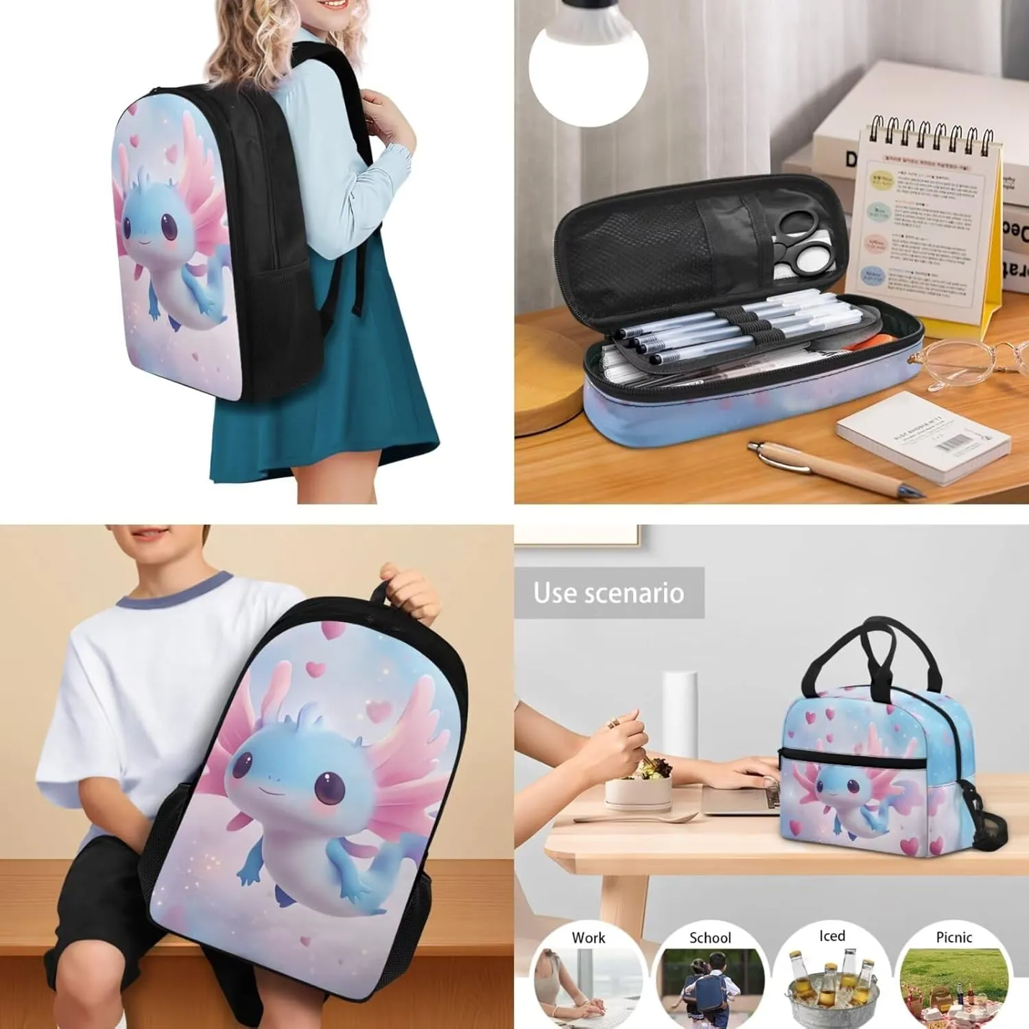 Axolotl Backpack 17 Inch Girls Bookbag with Lunch Bag 5th Grade School Bag Lightweight 3 Piece Set for Elementary Girls Ages 10-11 Kawaii Back Pack