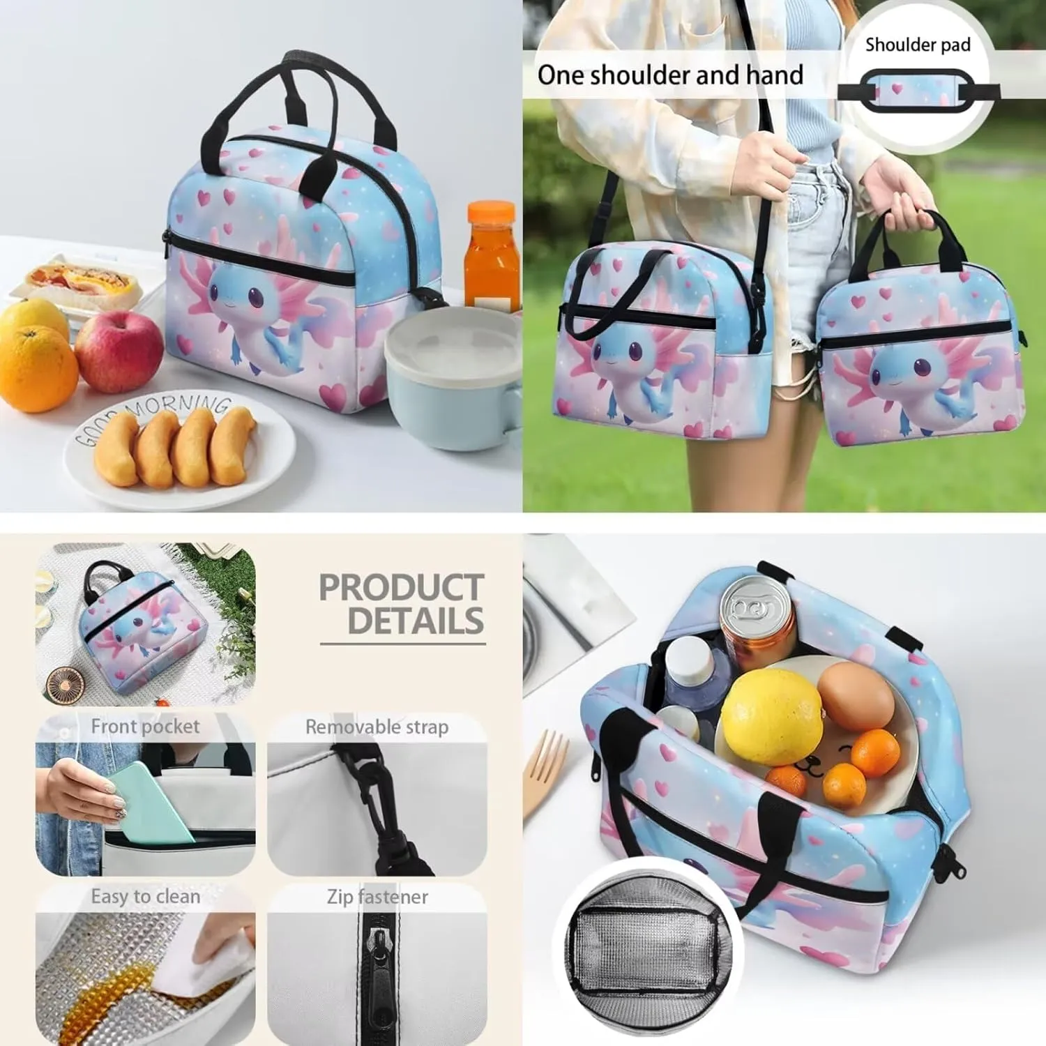 Axolotl Backpack 17 Inch Girls Bookbag with Lunch Bag 5th Grade School Bag Lightweight 3 Piece Set for Elementary Girls Ages 10-11 Kawaii Back Pack