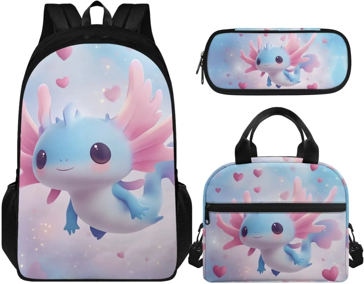 Axolotl Backpack 17 Inch Girls Bookbag with Lunch Bag 5th Grade School Bag Lightweight 3 Piece Set for Elementary Girls Ages 10-11 Kawaii Back Pack