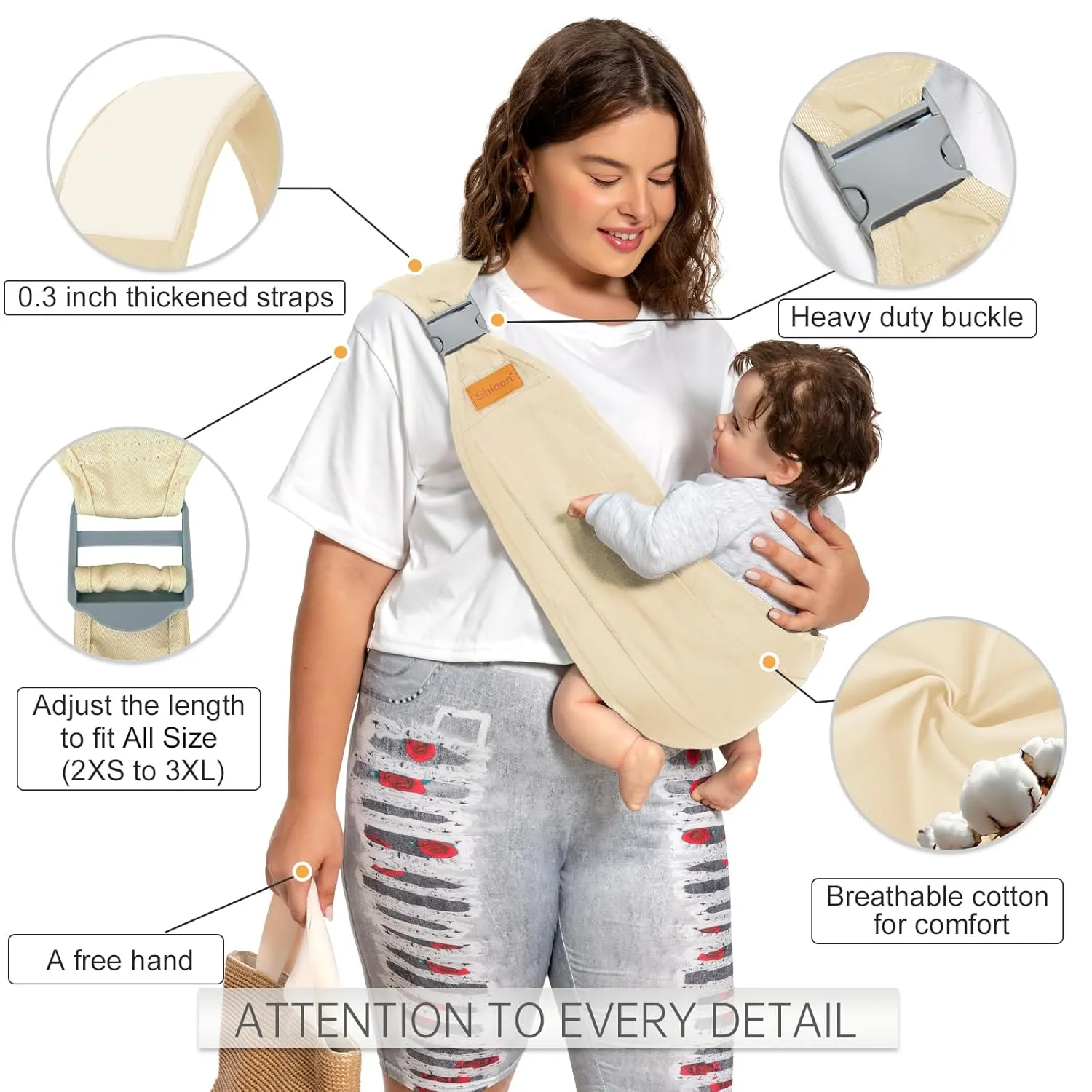 Baby Sling Carrier, Baby Carrier Newborn to Toddler(7-45lbs), Toddler Carrier with Safety Buckle, One Shoulder Adjustable Shoulder Strap, One Size Fits All, Beige