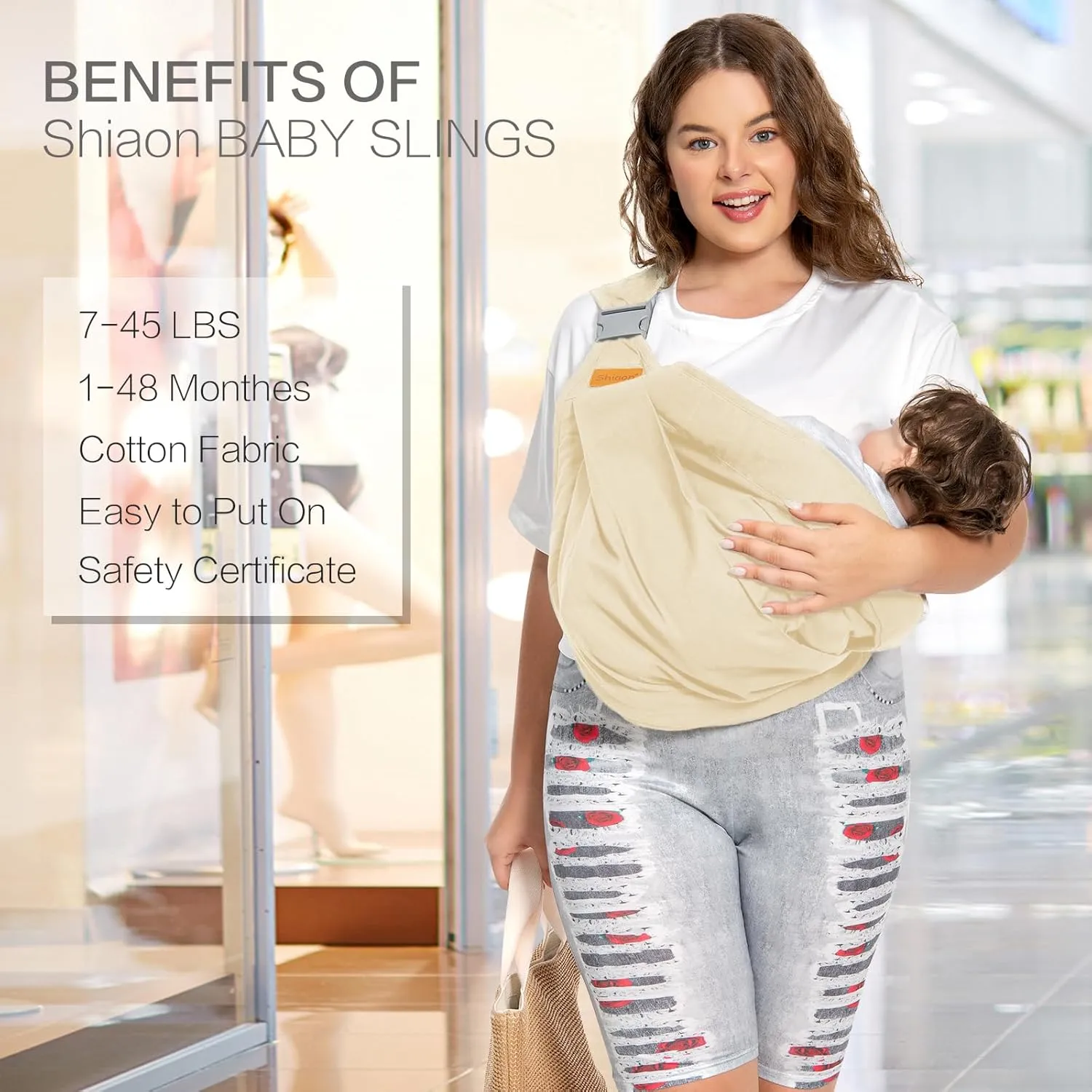 Baby Sling Carrier, Baby Carrier Newborn to Toddler(7-45lbs), Toddler Carrier with Safety Buckle, One Shoulder Adjustable Shoulder Strap, One Size Fits All, Beige