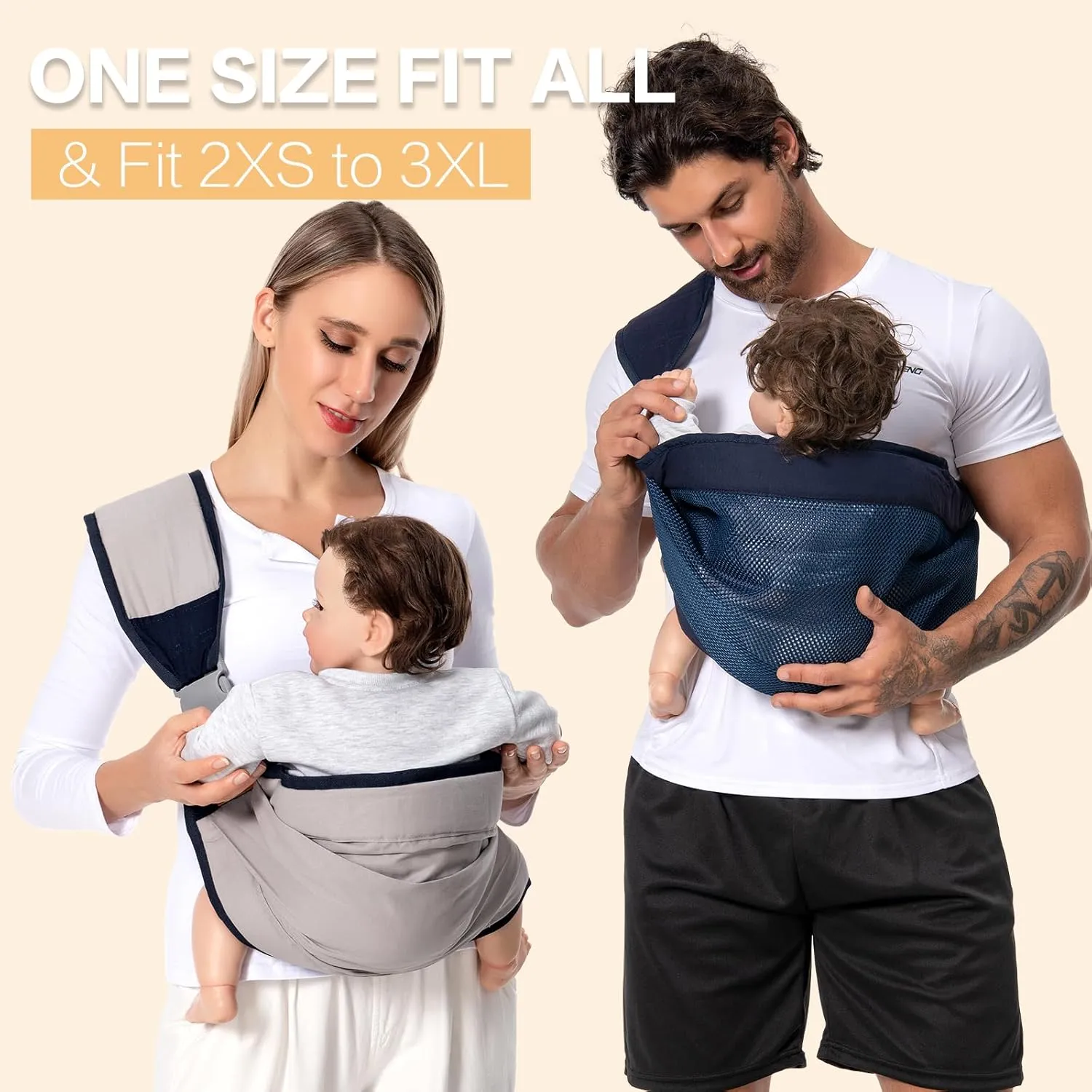 Baby Sling Carrier, Baby Carrier Newborn to Toddler(7-45lbs), Toddler Carrier with Safety Buckle, One Shoulder Adjustable Shoulder Strap, One Size Fits All, Beige
