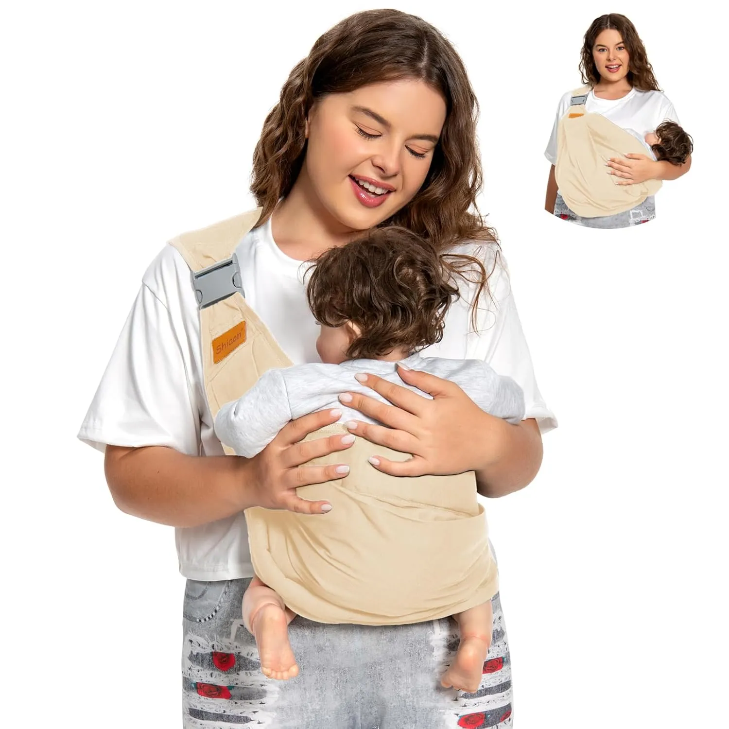 Baby Sling Carrier, Baby Carrier Newborn to Toddler(7-45lbs), Toddler Carrier with Safety Buckle, One Shoulder Adjustable Shoulder Strap, One Size Fits All, Beige