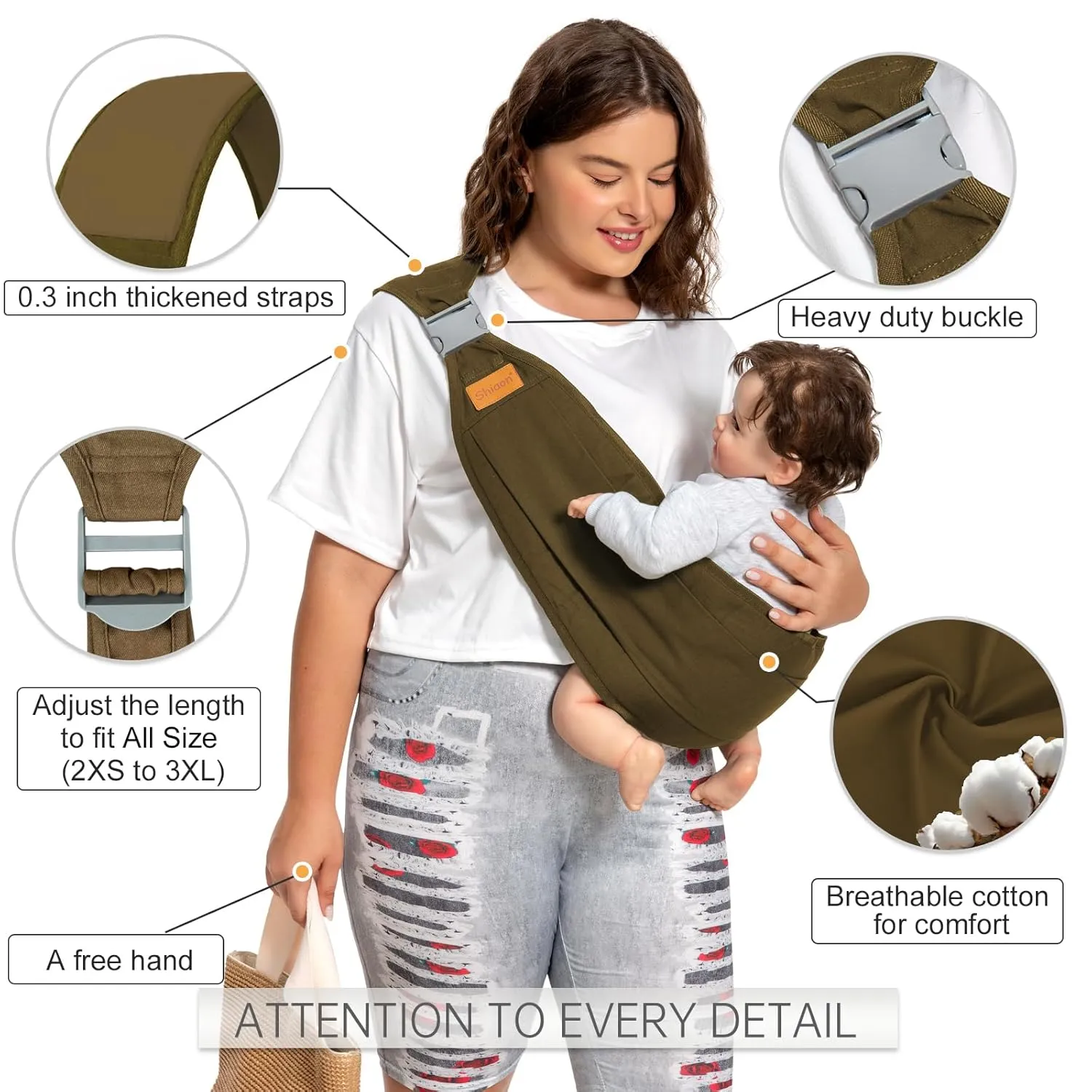 Baby Sling Carrier, Baby Carrier Newborn to Toddler(7-45lbs), Toddler Carrier with Safety Buckle, One Shoulder Adjustable Shoulder Strap, One Size Fits All, Brown
