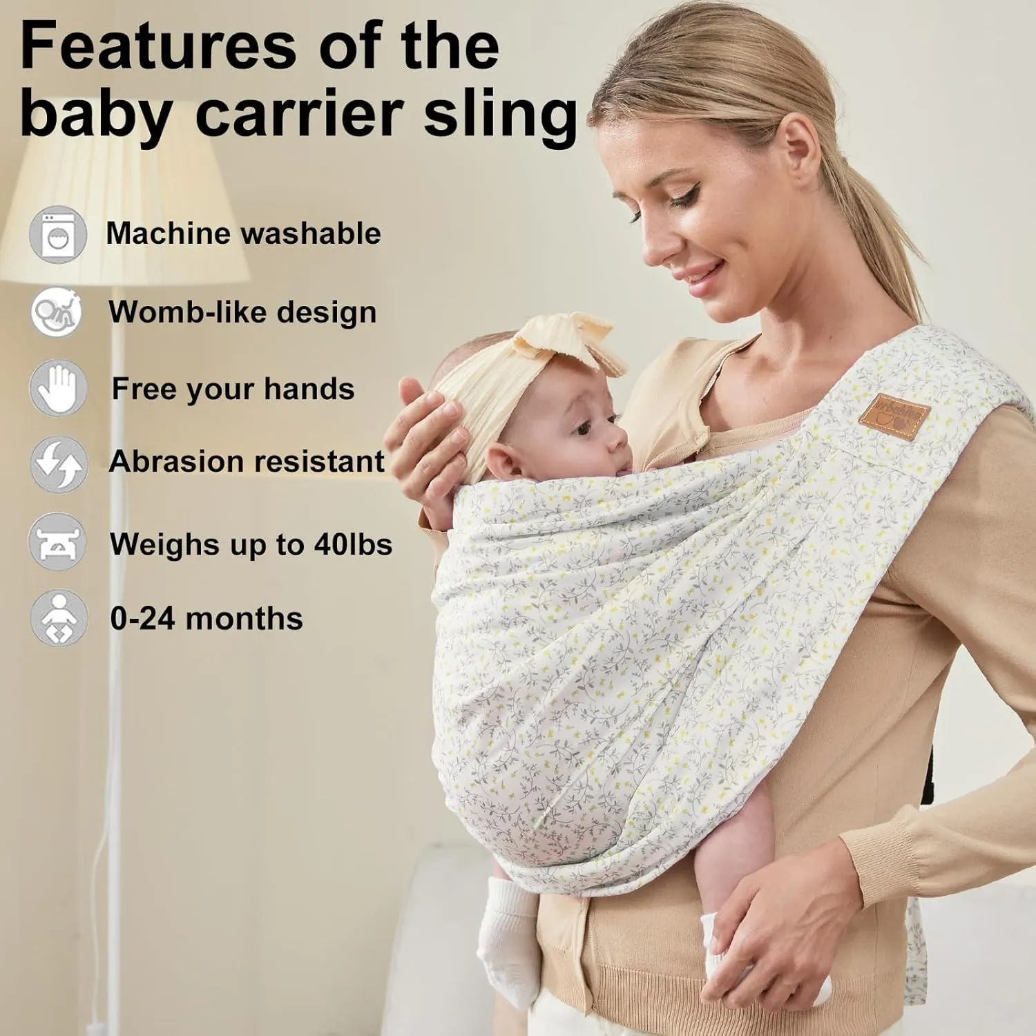 Baby Sling Carrier Newborn, Adjustable Easy Wearing Baby Nursing Warp Sling, New Mom Dad Soft Cotton Baby Front Holder Carrier for Infant Toddler Life Travel Essential Gifts (Yellow Flower)