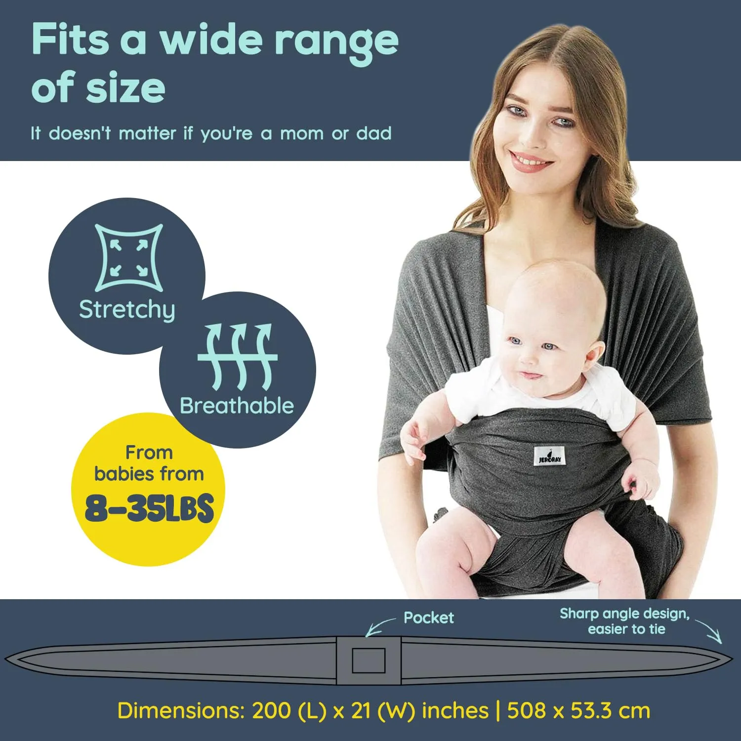 Baby Wraps Carrier, Jeroray Baby Carrier,Hands Free Infant Carrier, Lightweight,Breathable,Softness,Heather Grey
