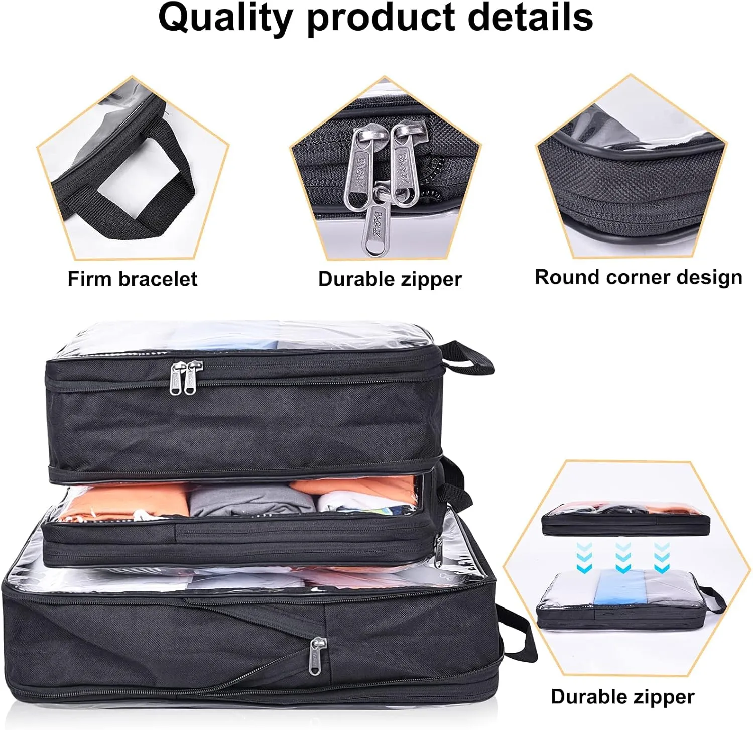 BAGAIL Transparent Compression Packing Cubes, Clear and Visible Travel Packing Organizer for backpack and suitcase