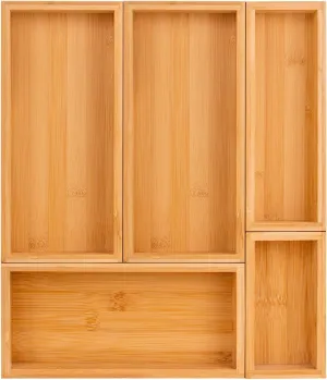 bamboo drawer organizer Set，expandable drawer dividers,wooden storage organizers,large trays for kitchen, bathroom,flatware,Tea Bag Organizer (1 X 5PCS Natural)