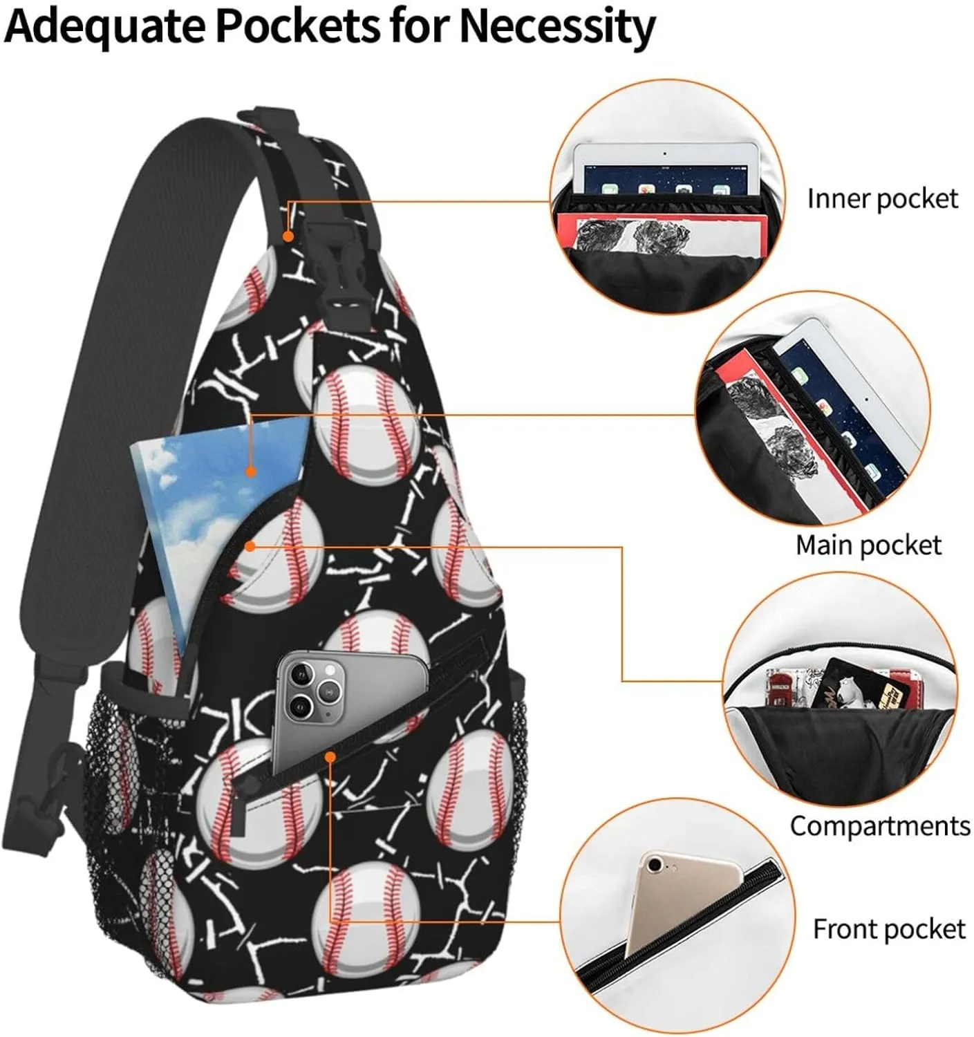 Baseball Print Sling Backpack Sports Crossbody Bag For Women Men Sling Bag Travel Hiking Chest Bag Unisex