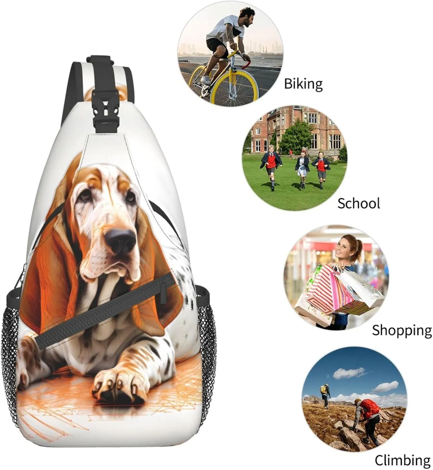 Basset Hound Dog Outdoor Crossbody Shoulder Bag For Unisex Young Adult Hiking Sling Backpack
