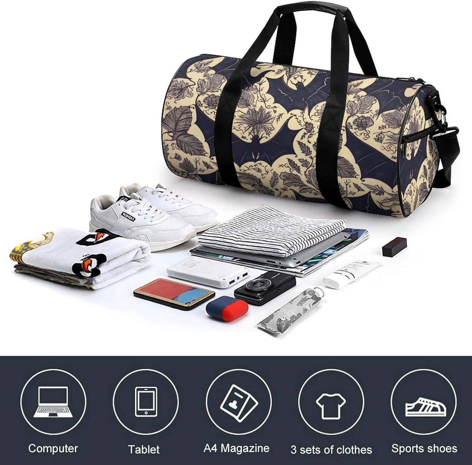 Bat Print Gym Bag Small Travel Duffle Bag with Compartment Carry On Weekender Bag for Women Men