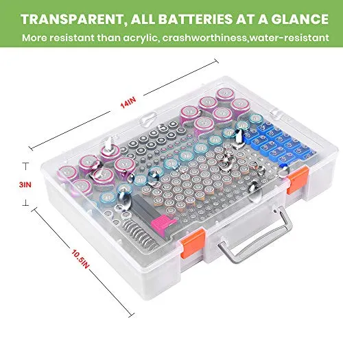 Battery Organizer Holder- Batteries Storage Containers Box Case with Tester Checker BT-168. Garage Organization Holds 225 Batteries AA AAA C D Cell 9V 3V Lithium LR44 CR2 CR1632 CR2032