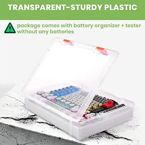 Battery Organizer Holder- Batteries Storage Containers Box Case with Tester Checker BT-168. Garage Organization Holds 225 Batteries AA AAA C D Cell 9V 3V Lithium LR44 CR2 CR1632 CR2032