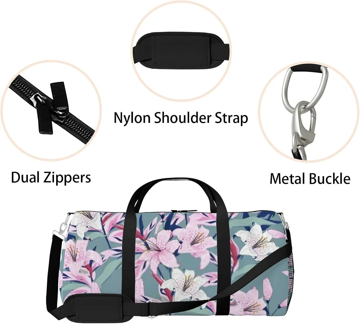 Beautiful Blooming Lily Flowers Sports Duffel Bag Travel Gym Tote Bags Lightweight Durable Shoulder Strap Waterproof Polyester Outside Mesh Pocket Overnight Trip Duffel Bag for Women Men