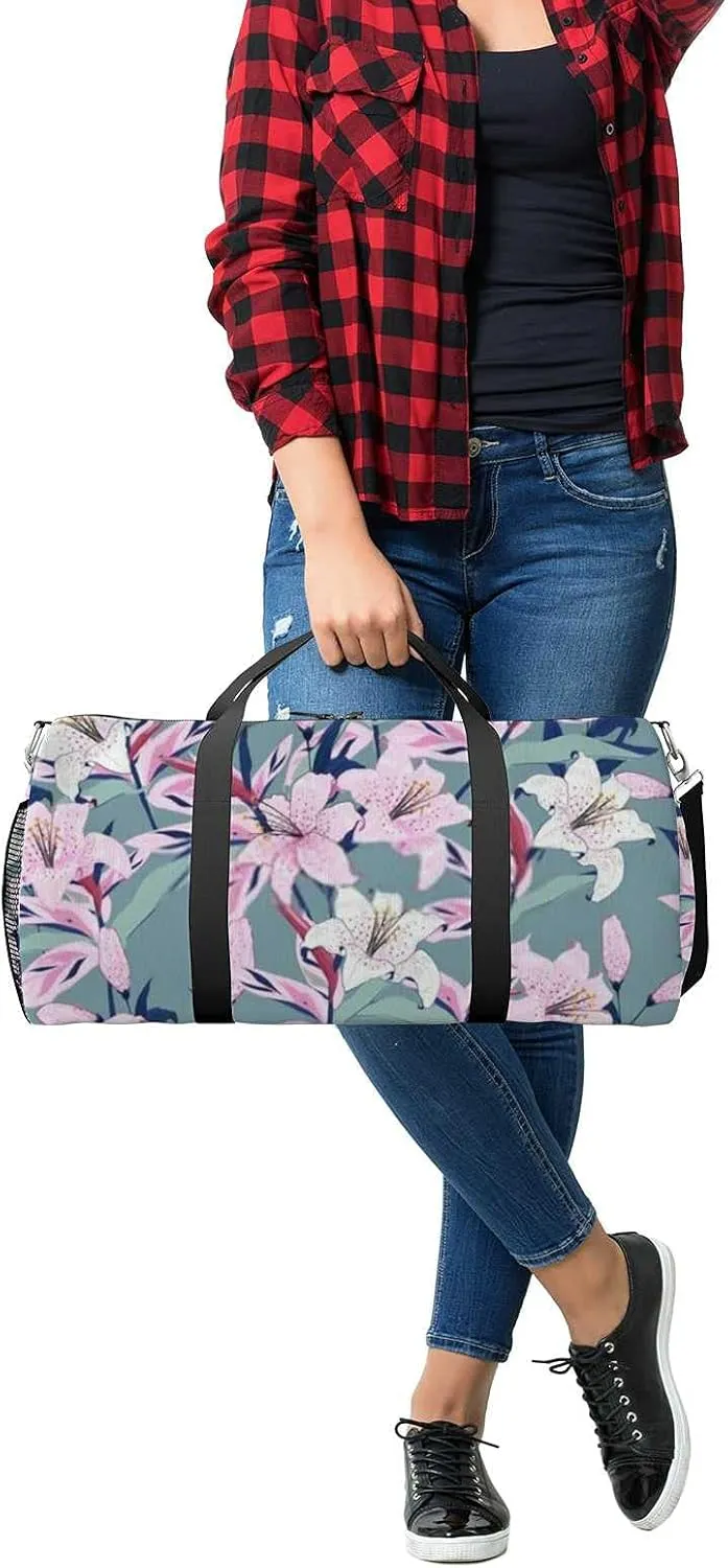 Beautiful Blooming Lily Flowers Sports Duffel Bag Travel Gym Tote Bags Lightweight Durable Shoulder Strap Waterproof Polyester Outside Mesh Pocket Overnight Trip Duffel Bag for Women Men