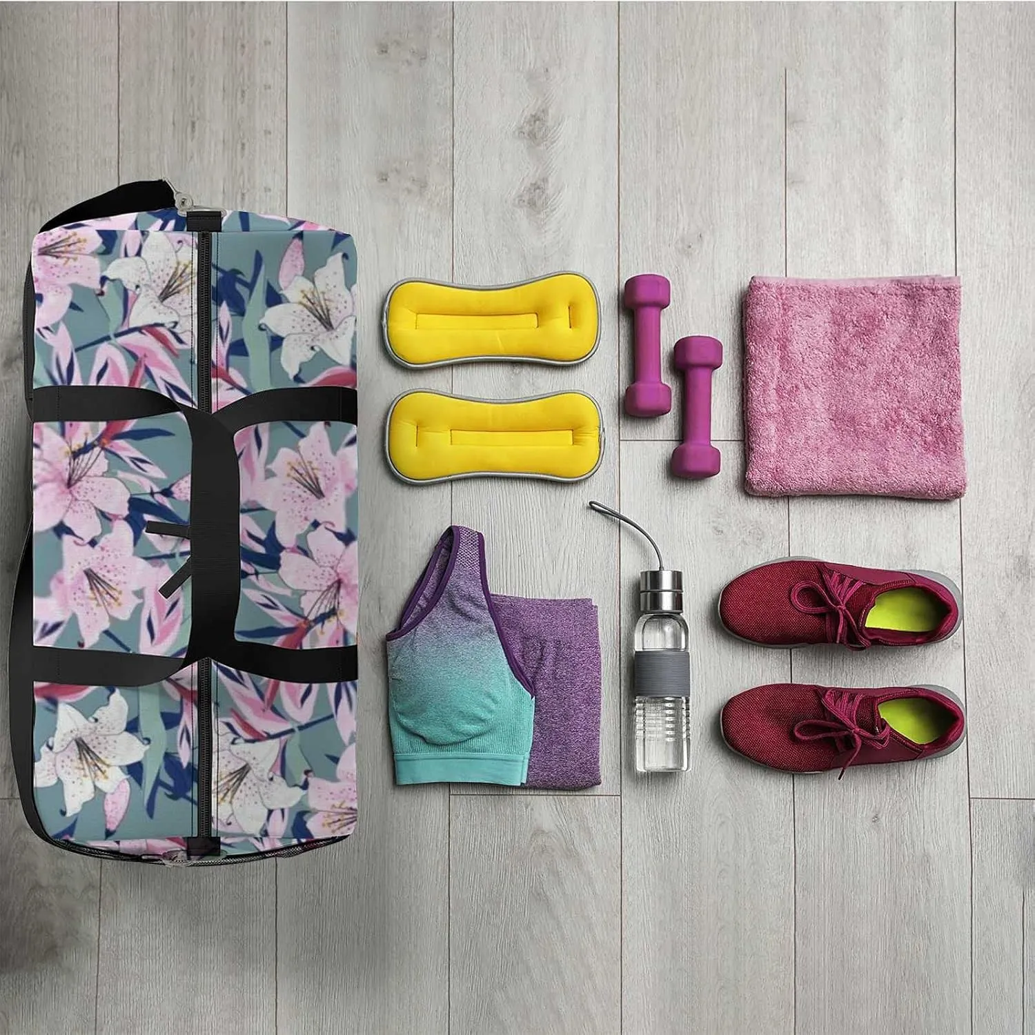 Beautiful Blooming Lily Flowers Sports Duffel Bag Travel Gym Tote Bags Lightweight Durable Shoulder Strap Waterproof Polyester Outside Mesh Pocket Overnight Trip Duffel Bag for Women Men