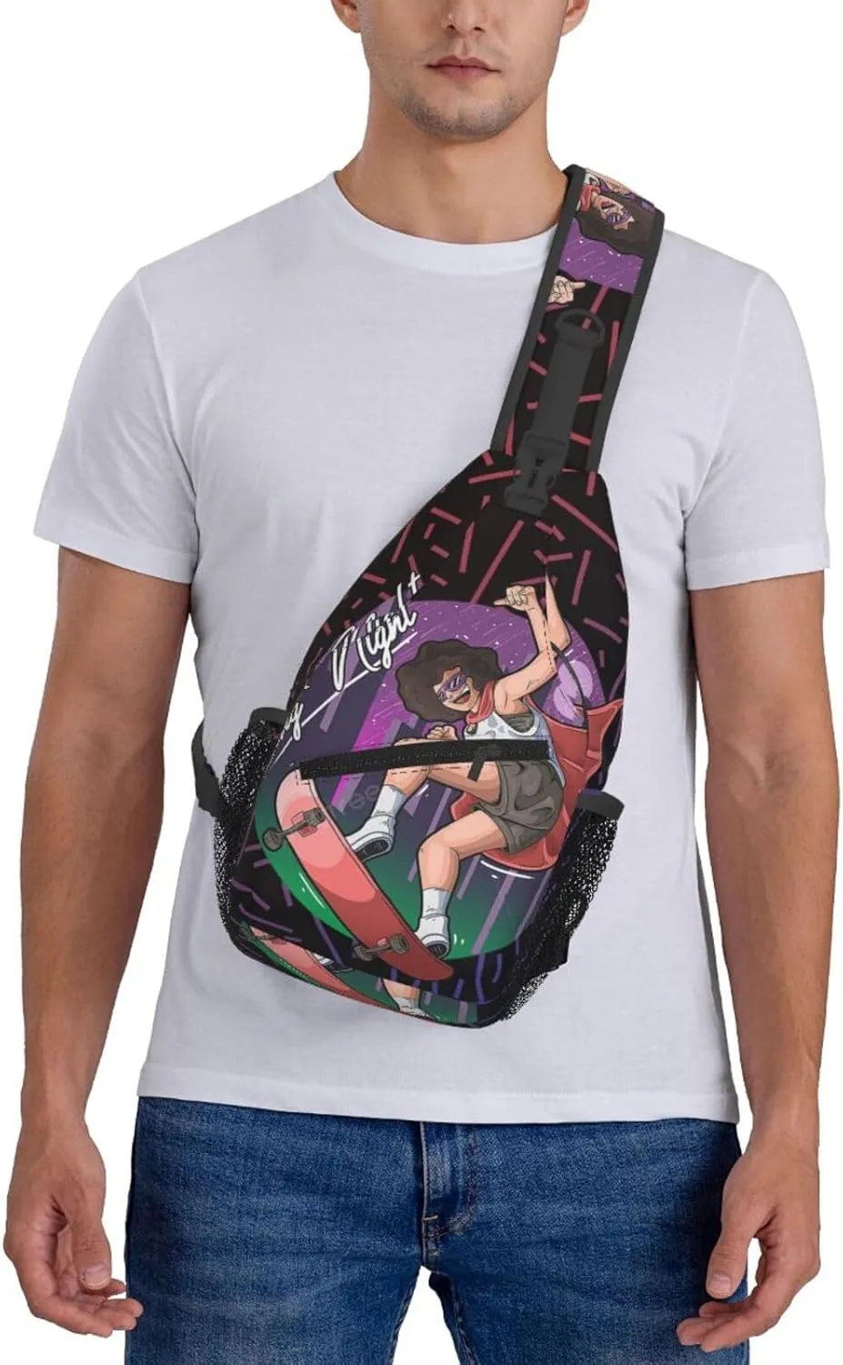 Beautiful Girl Play Skateboard In Midnight City Crossbody For Men Women Sling Chest Bag Shoulder Bag Lightweight One Strap Backpack Multipurpose Travel Hiking Daypack