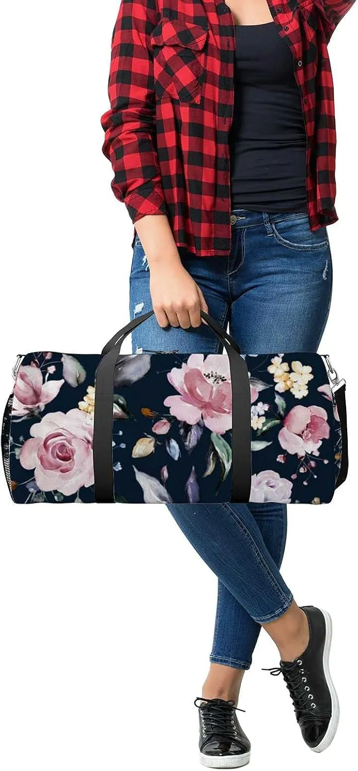 Beautiful Pink Rose Leaves Sports Duffel Bag Travel Gym Tote Bags Lightweight Durable Shoulder Strap Waterproof Polyester Outside Mesh Pocket Overnight Trip Duffel Bag for Women Men