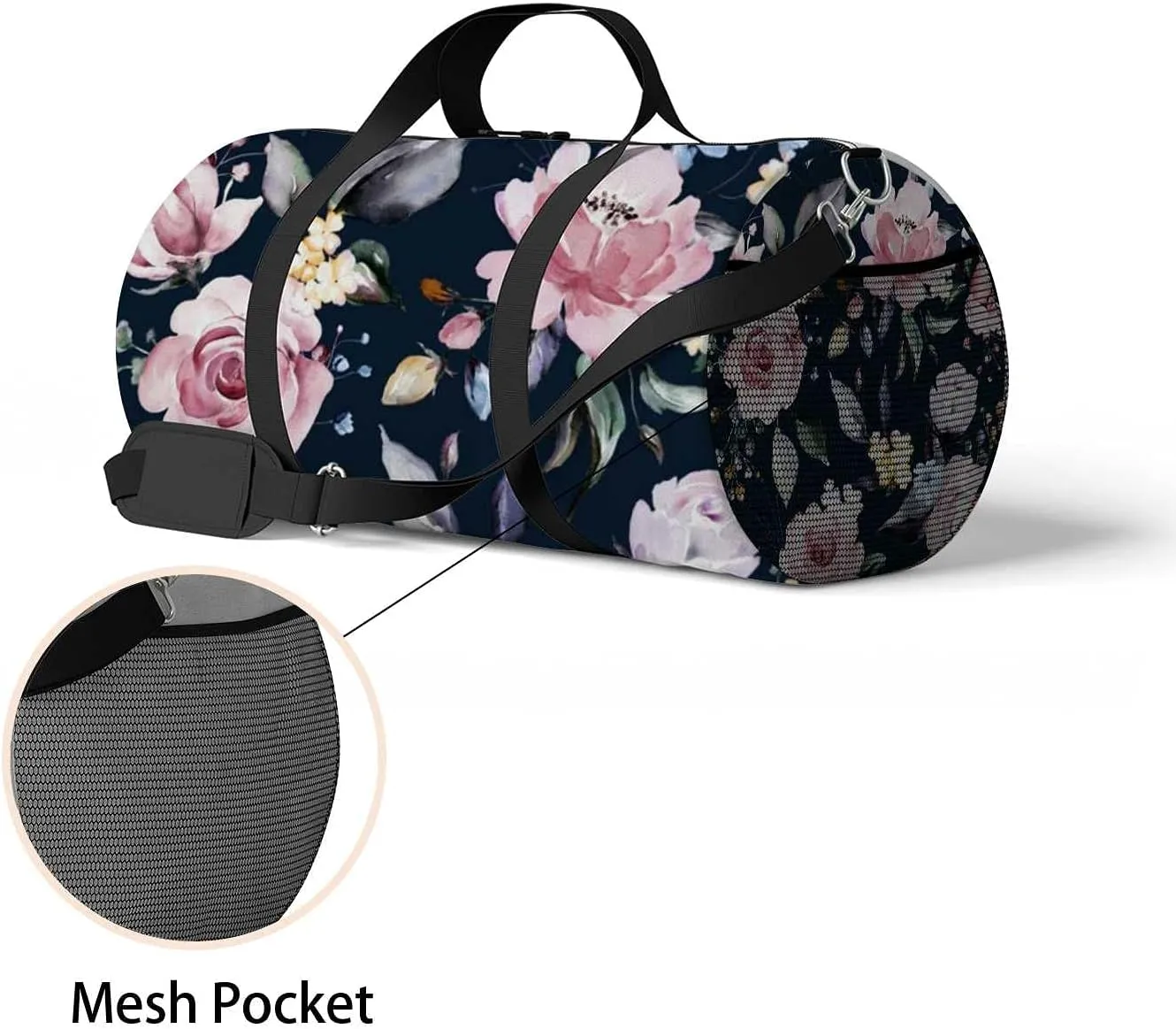 Beautiful Pink Rose Leaves Sports Duffel Bag Travel Gym Tote Bags Lightweight Durable Shoulder Strap Waterproof Polyester Outside Mesh Pocket Overnight Trip Duffel Bag for Women Men