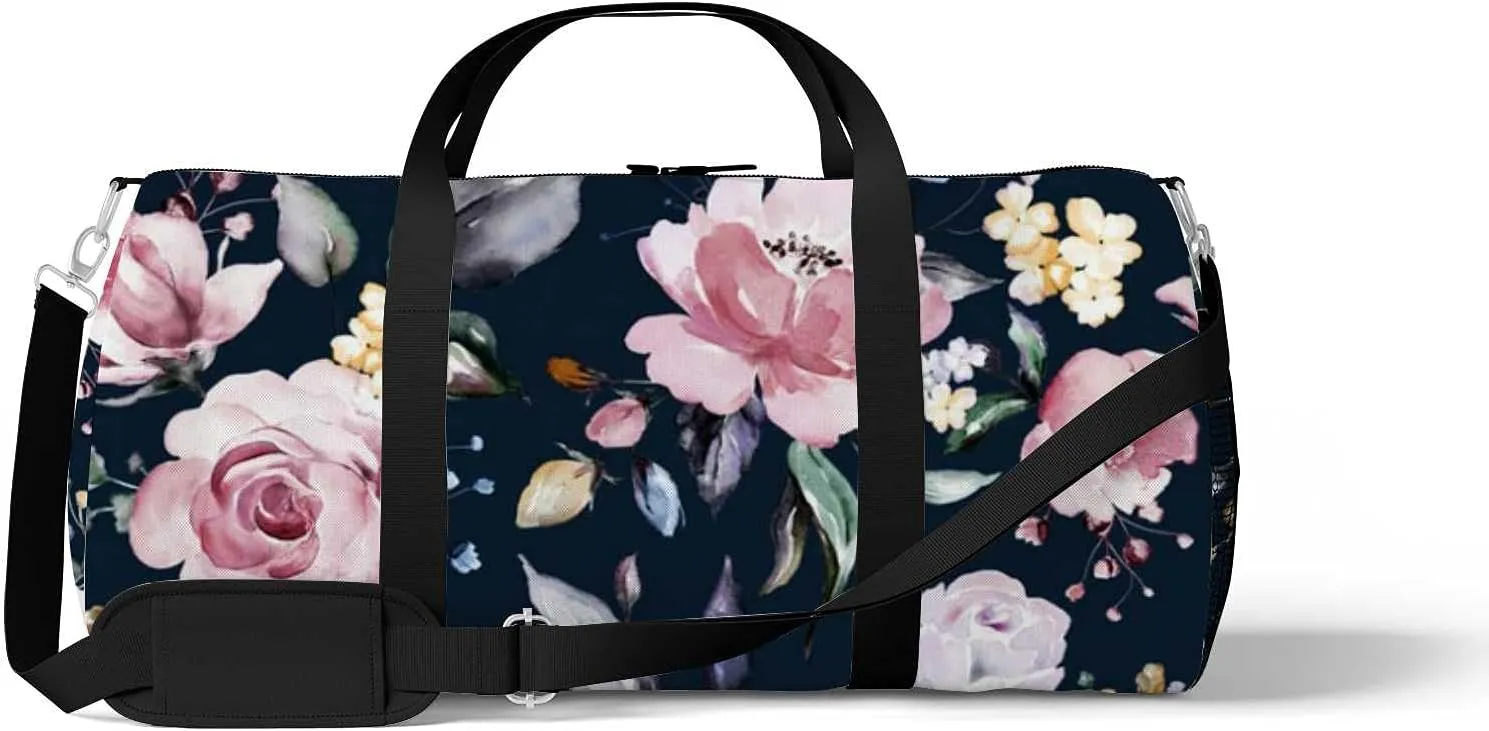 Beautiful Pink Rose Leaves Sports Duffel Bag Travel Gym Tote Bags Lightweight Durable Shoulder Strap Waterproof Polyester Outside Mesh Pocket Overnight Trip Duffel Bag for Women Men