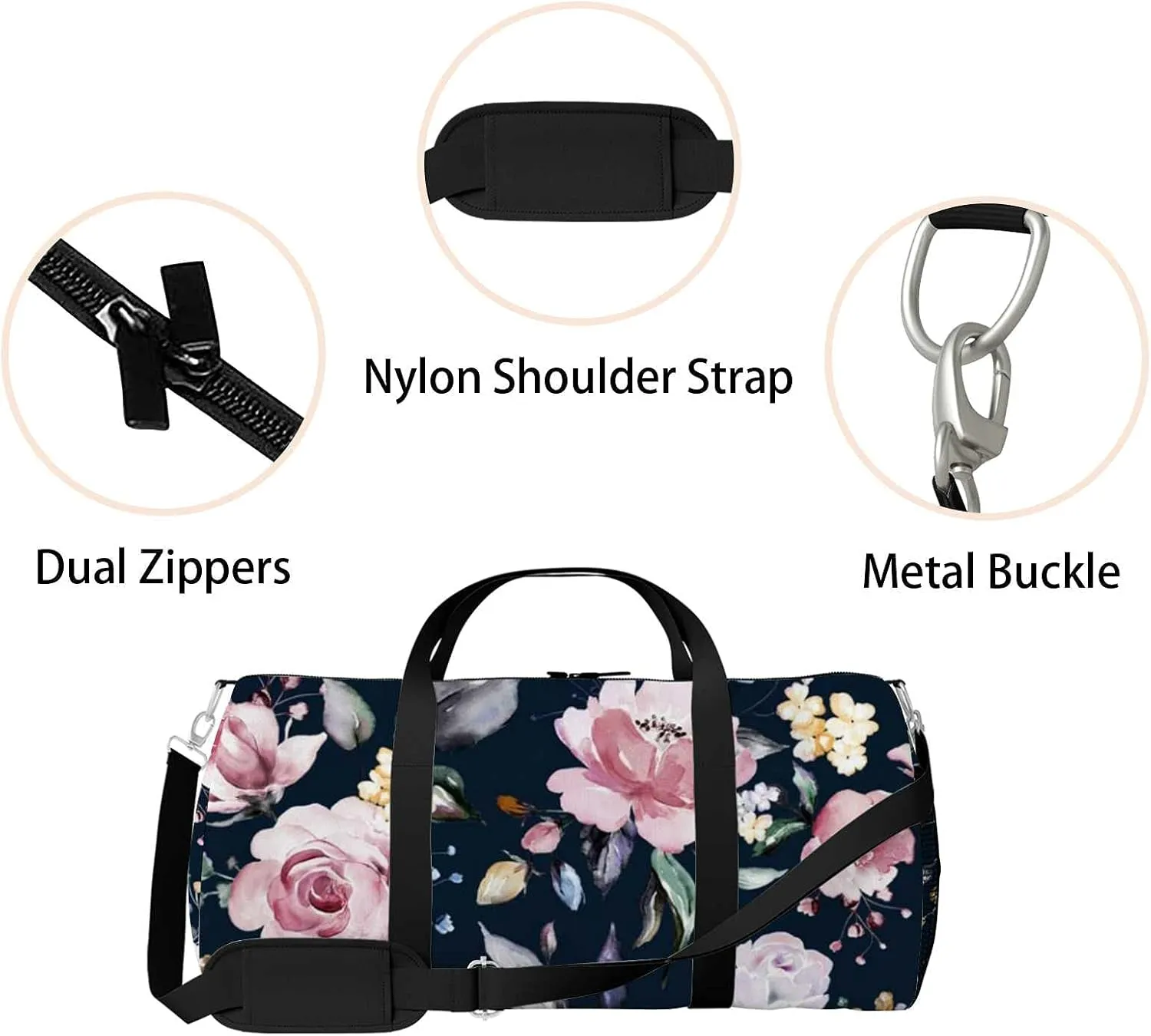 Beautiful Pink Rose Leaves Sports Duffel Bag Travel Gym Tote Bags Lightweight Durable Shoulder Strap Waterproof Polyester Outside Mesh Pocket Overnight Trip Duffel Bag for Women Men